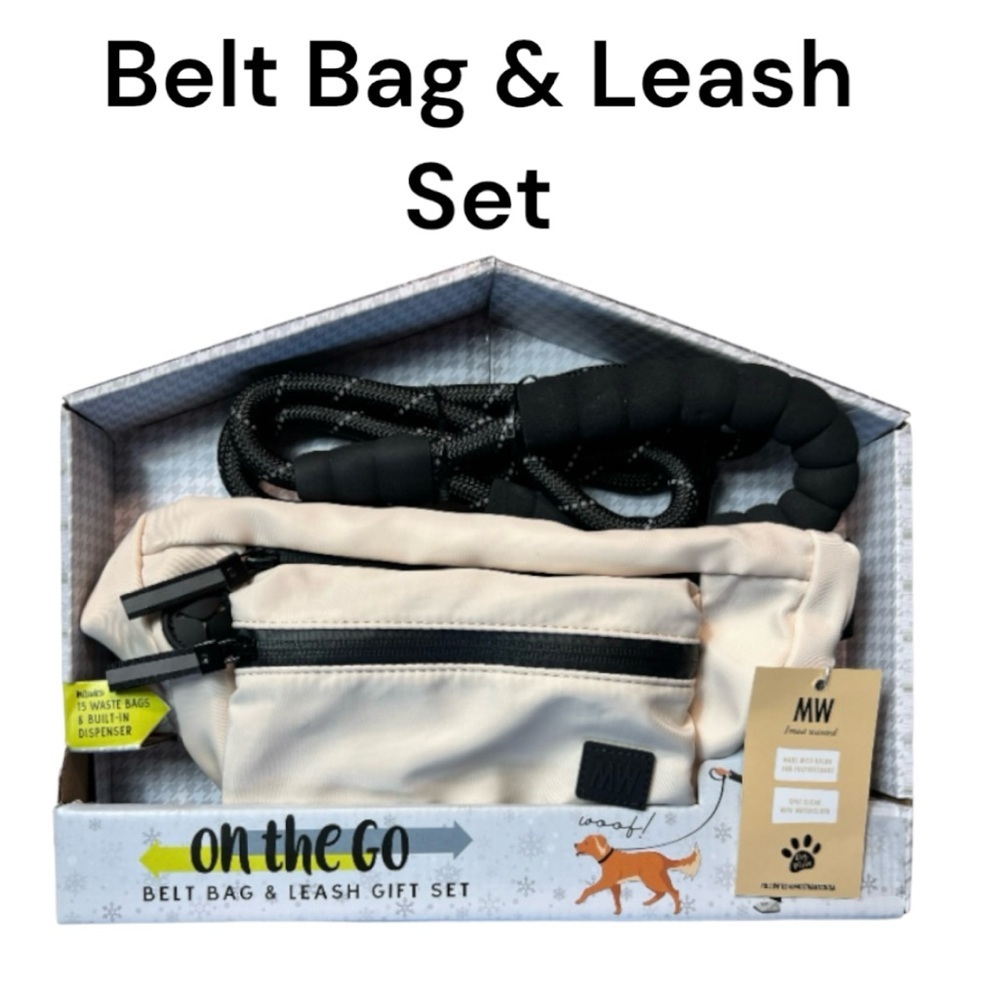 NWT Most Wanted On The Go Tan Belt Bag & Black Dog Leash Gift Set